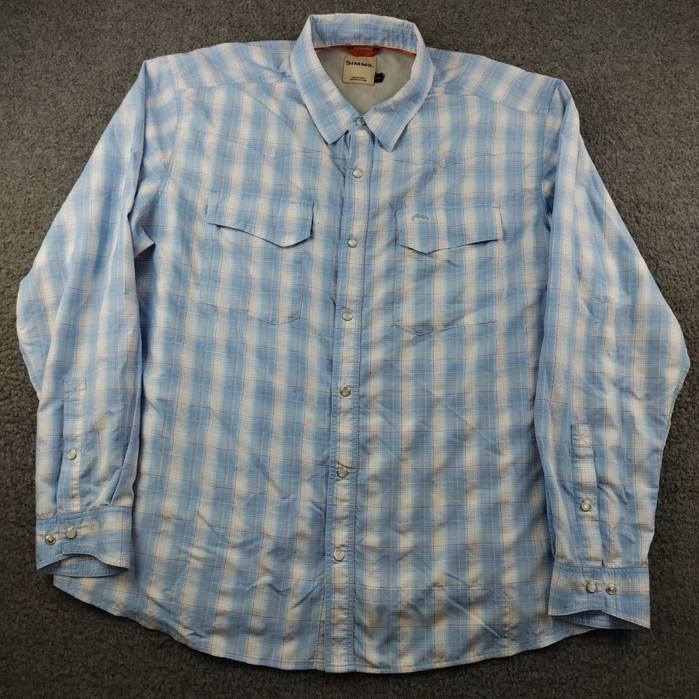 Simms Fishing Shirt Mens XL Plaid Blue Long Sleeve Snap Button EUC